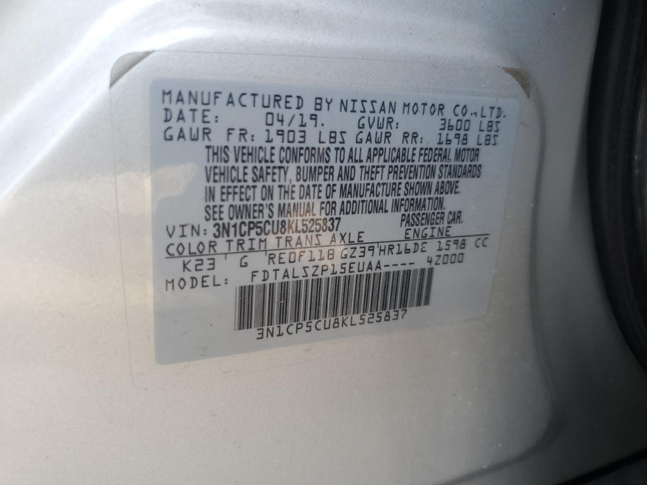 2019 Nissan Kicks S VIN: 3N1CP5CU8KL525837 Lot: 67536865