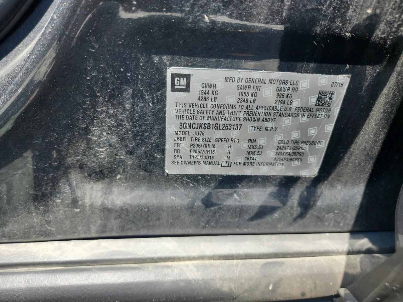 2016 Chevrolet Trax Ls VIN: 3GNCJKSB1GL263137 Lot: 68631715