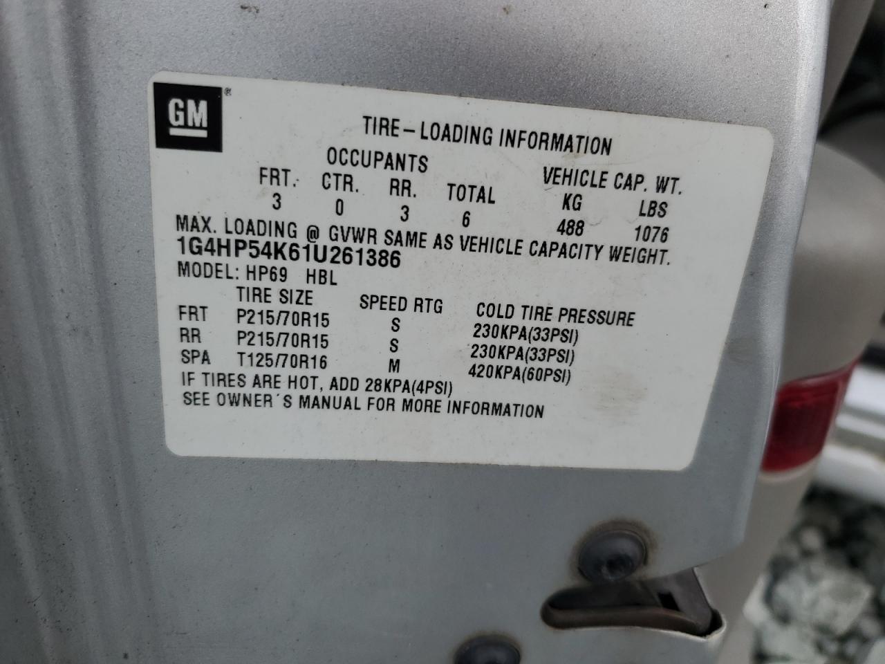 2001 Buick Lesabre Custom VIN: 1G4HP54K61U261386 Lot: 68668555