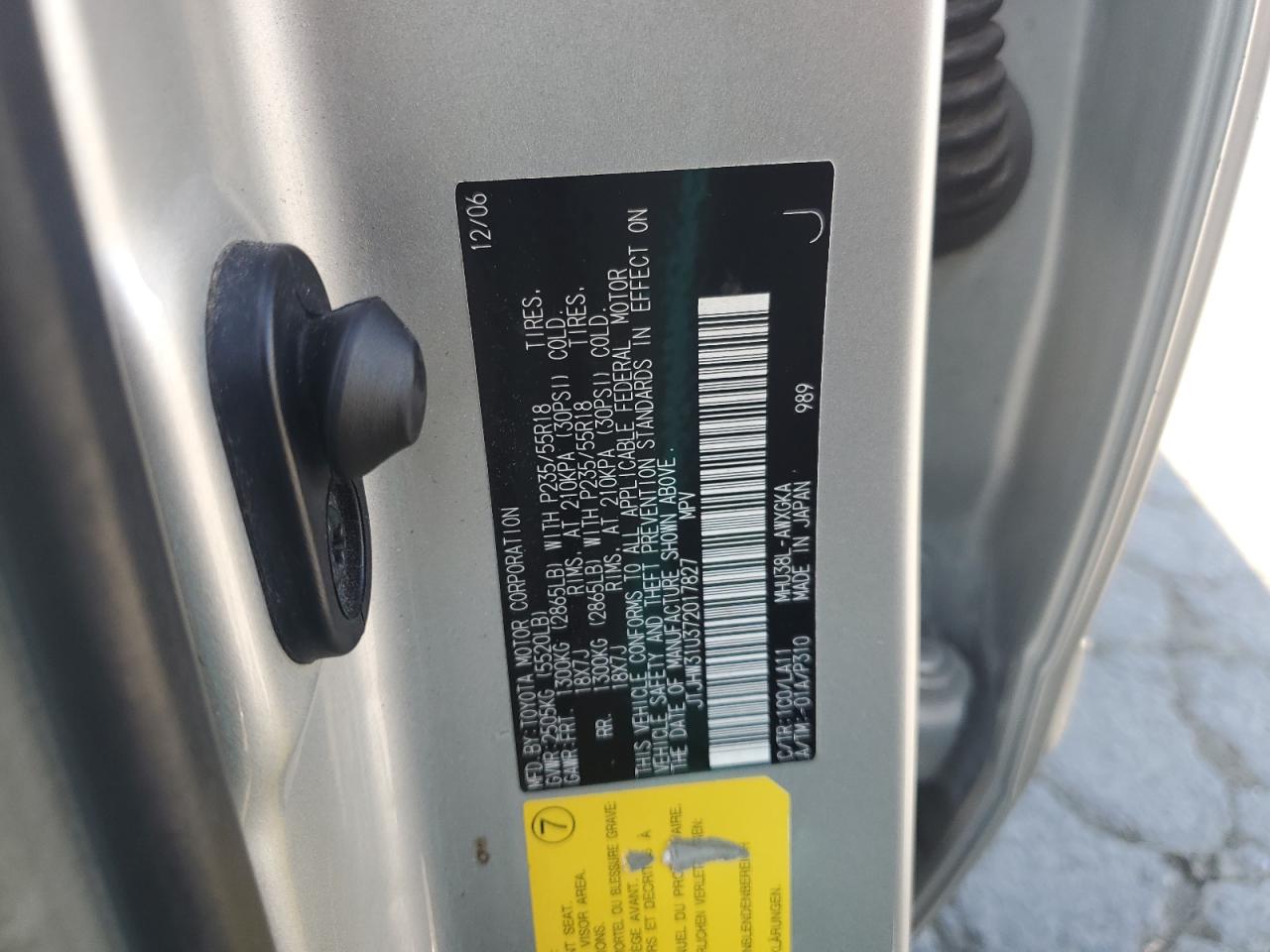 2007 Lexus Rx 400H VIN: JTJHW31U372017827 Lot: 68538385