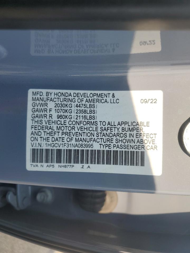 2022 Honda Accord Sport VIN: 1HGCV1F31NA083995 Lot: 67356425