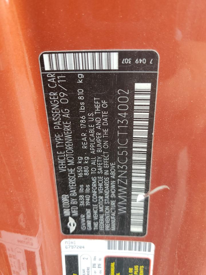 2012 Mini Cooper VIN: WMWZN3C51CT134002 Lot: 70177715