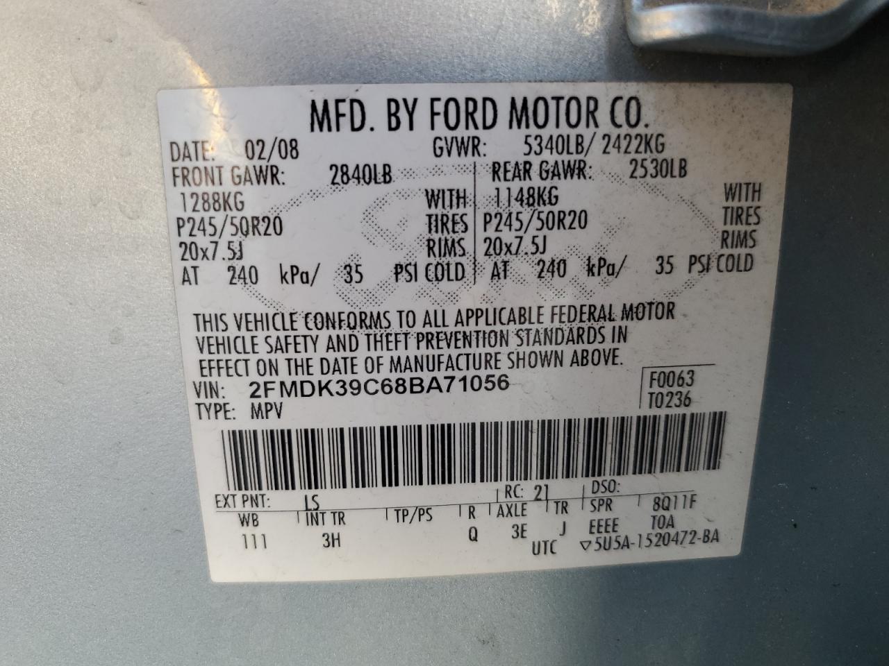 2008 Ford Edge Limited VIN: 2FMDK39C68BA71056 Lot: 67623135