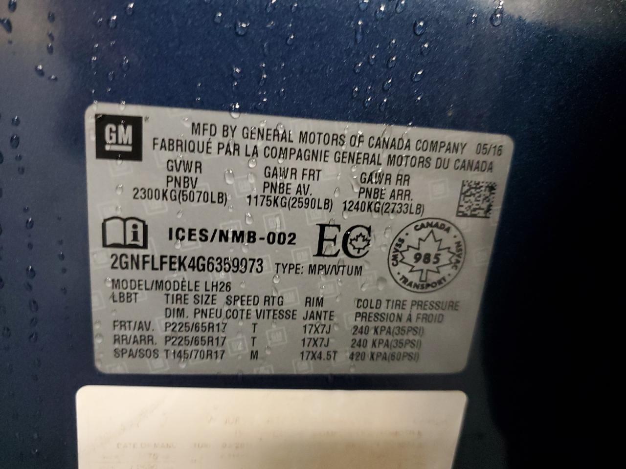 2016 Chevrolet Equinox Lt VIN: 2GNFLFEK4G6359973 Lot: 69109155