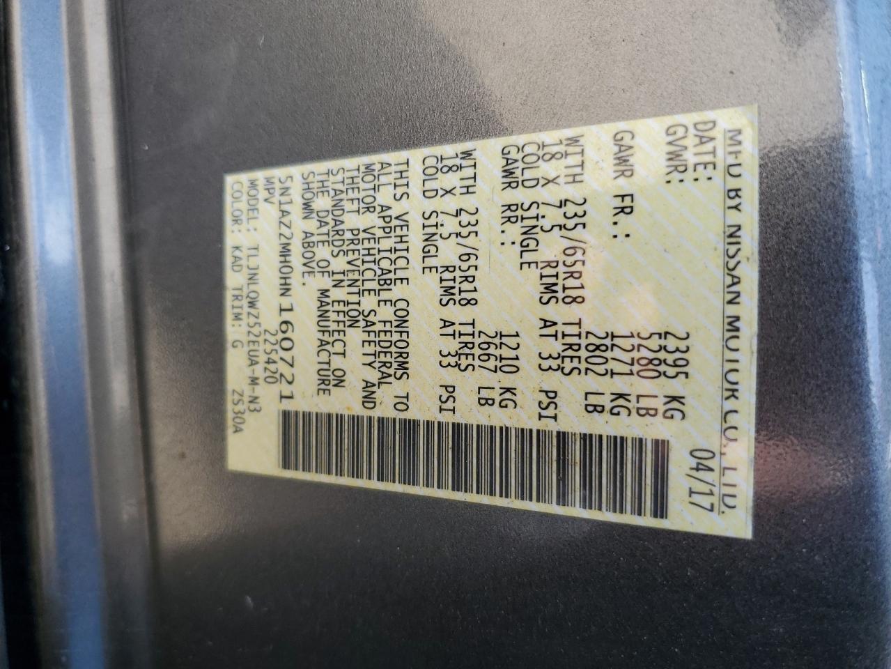 2017 Nissan Murano S VIN: 5N1AZ2MH0HN160721 Lot: 70247115