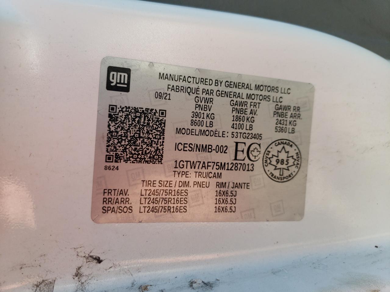 2021 GMC Savana G2500 VIN: 1GTW7AF75M1287013 Lot: 70167905