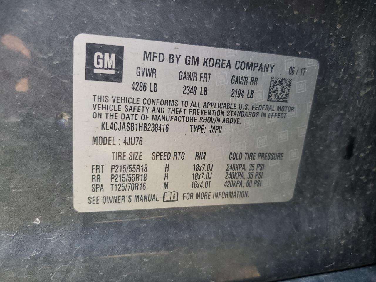 2017 Buick Encore Preferred VIN: KL4CJASB1HB238416 Lot: 68719085