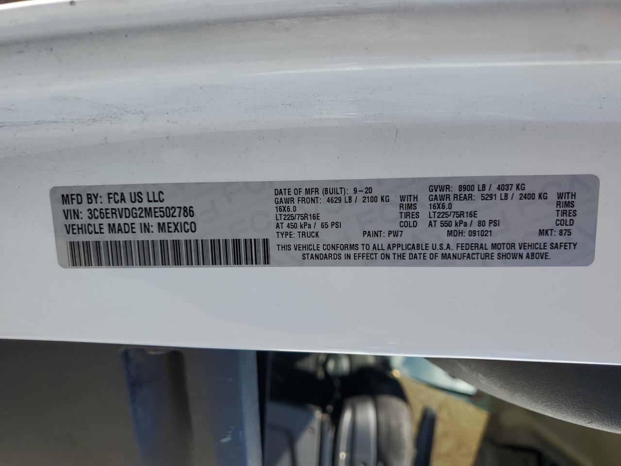 2021 Ram Promaster 2500 2500 High VIN: 3C6ERVDG2ME502786 Lot: 70305655