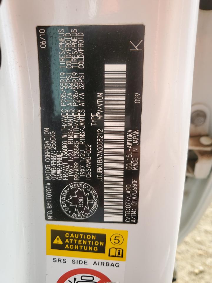 2010 Lexus Rx 350 VIN: JTJBK1BA7A2008212 Lot: 67983435