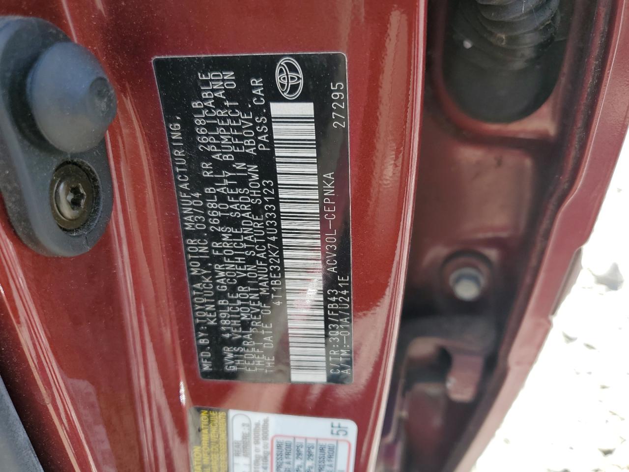 4T1BE32K74U333123 2004 Toyota Camry Le