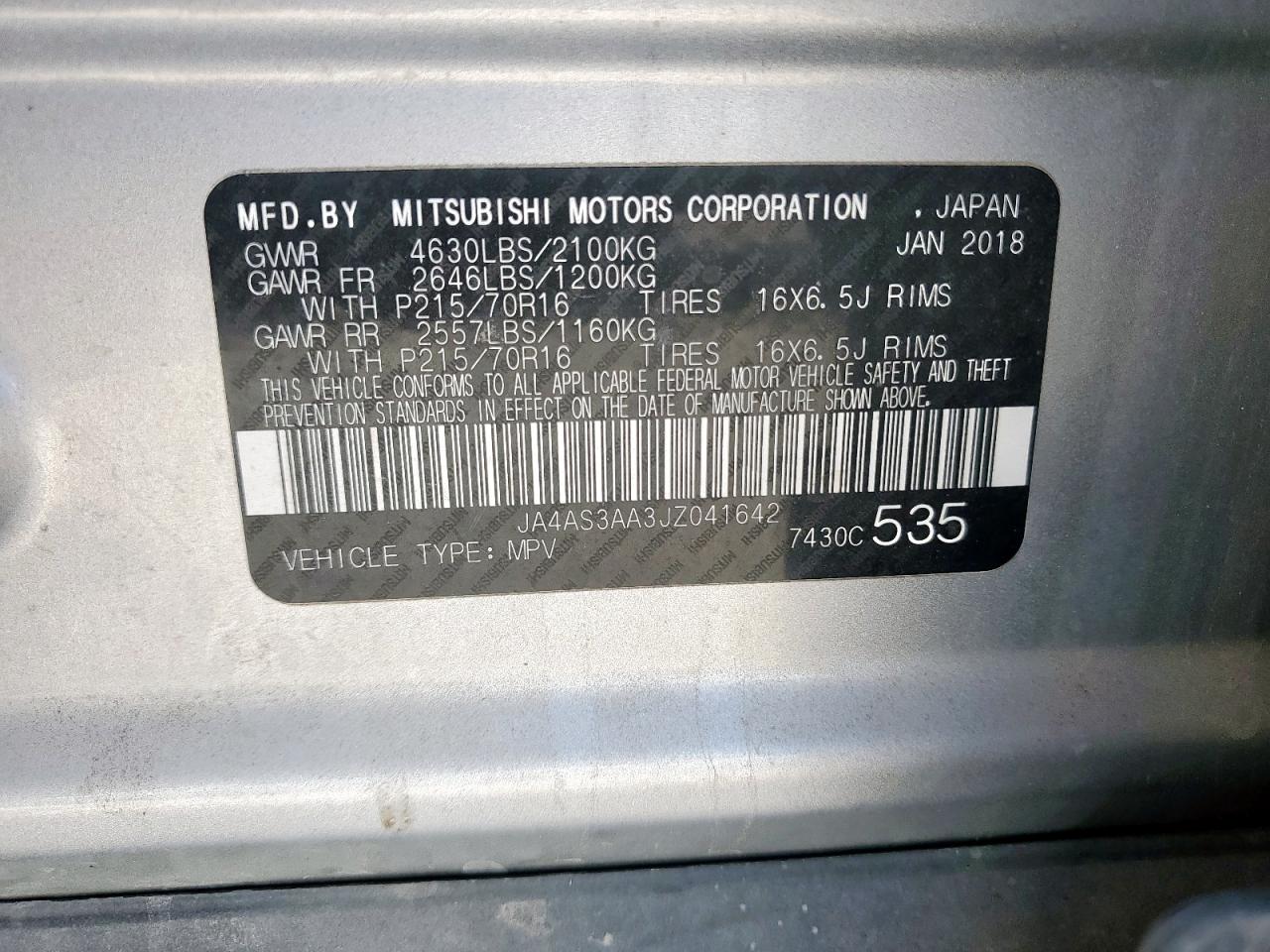 2018 Mitsubishi Eclipse Cross Es VIN: JA4AS3AA3JZ041642 Lot: 67566315