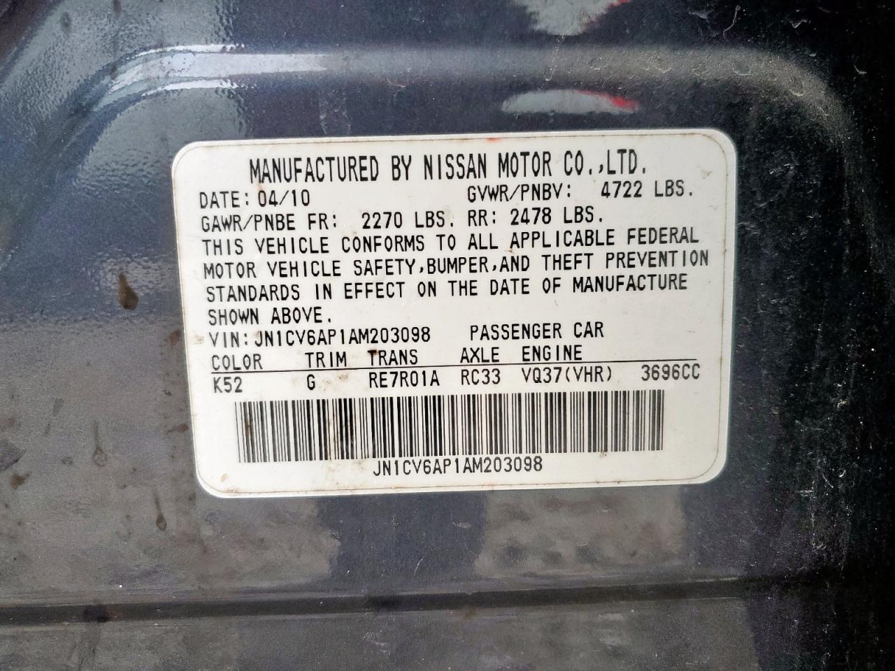 2010 Infiniti G37 Base VIN: JN1CV6AP1AM203098 Lot: 63942355