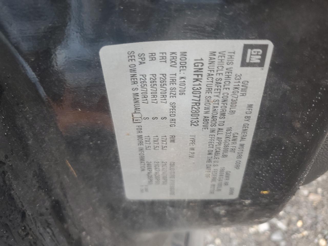 2007 Chevrolet Tahoe K1500 VIN: 1GNFK13077R280132 Lot: 68686885