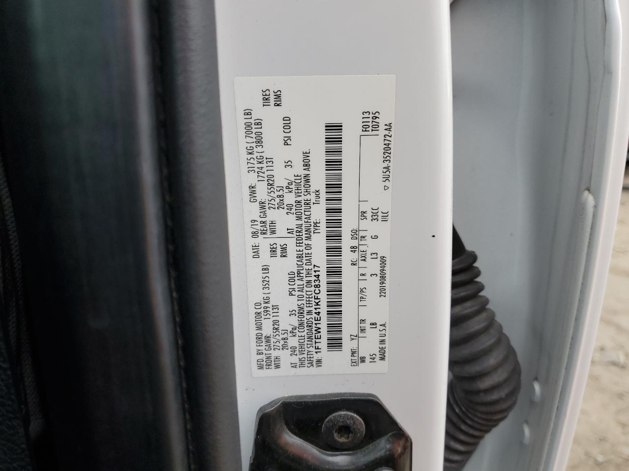 2019 Ford F150 Supercrew VIN: 1FTEW1E41KFC83417 Lot: 69658405