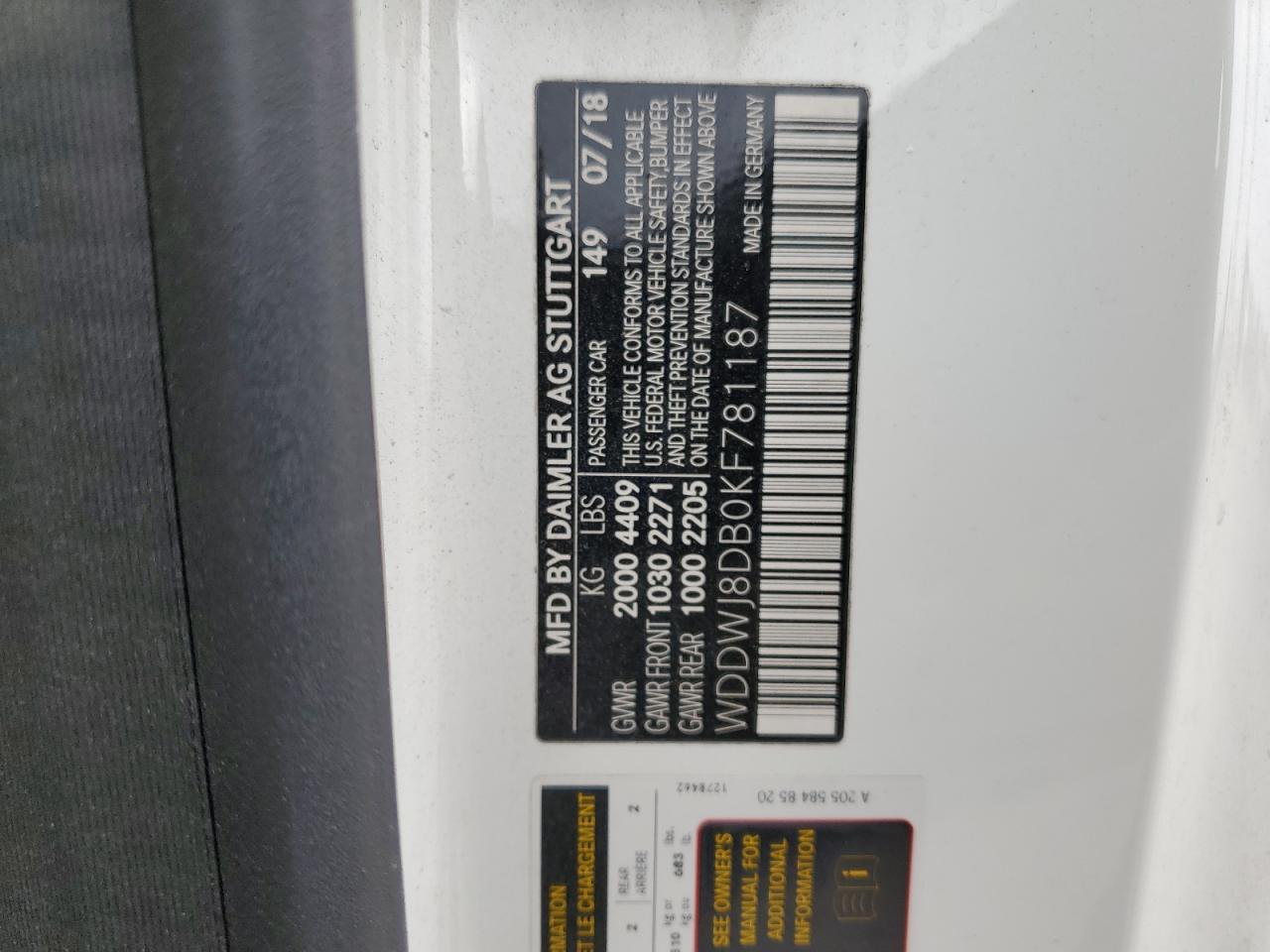 2019 Mercedes-Benz C 300 VIN: WDDWJ8DB0KF781187 Lot: 70560945