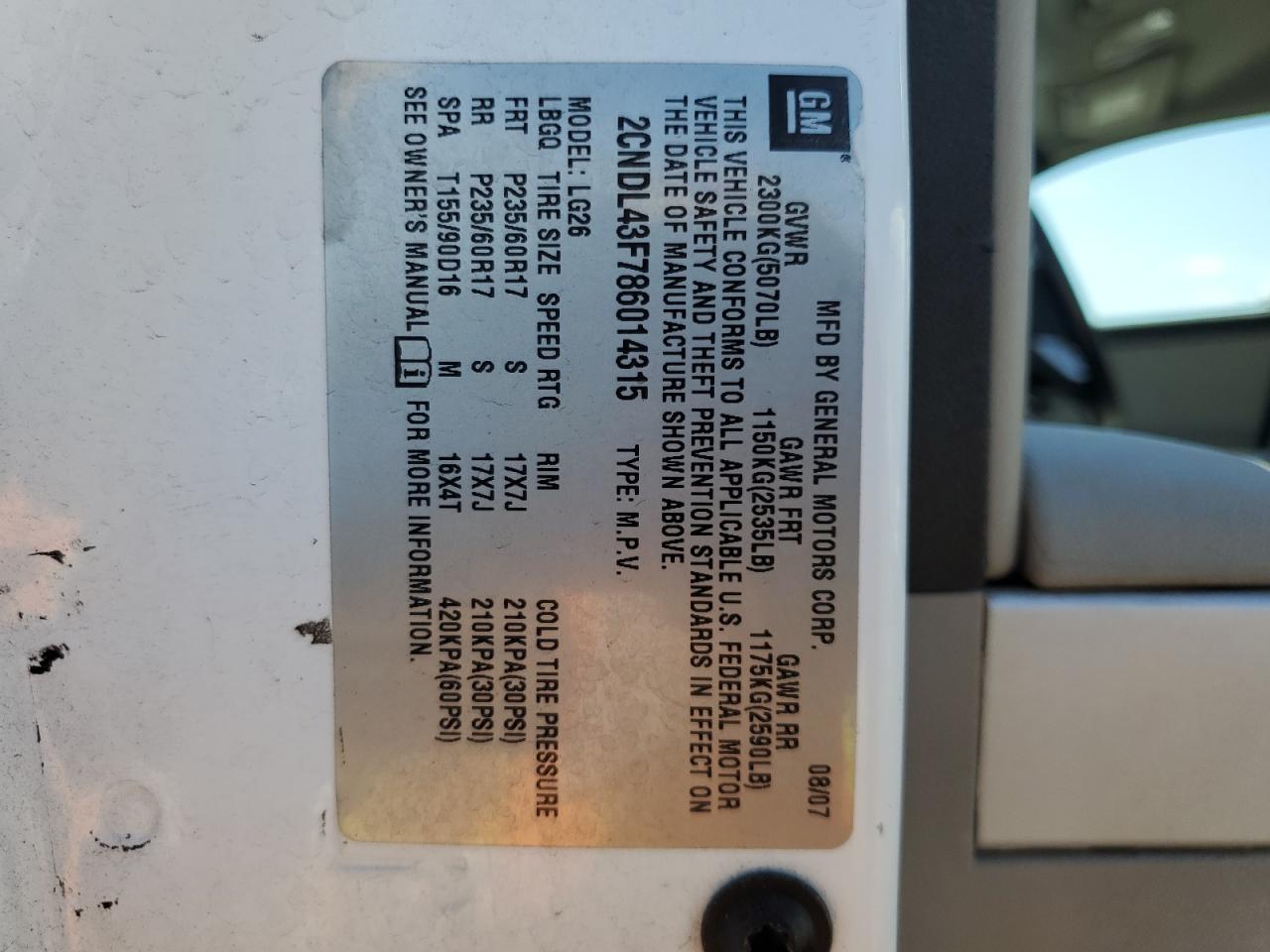 2008 Chevrolet Equinox Lt VIN: 2CNDL43F786014315 Lot: 69458455