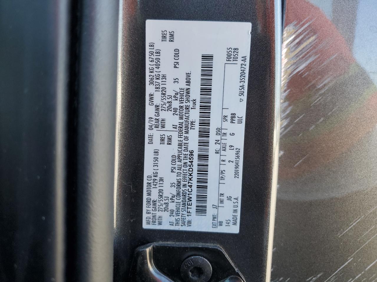 2019 Ford F150 Supercrew VIN: 1FTEW1C47KKD54596 Lot: 69421275