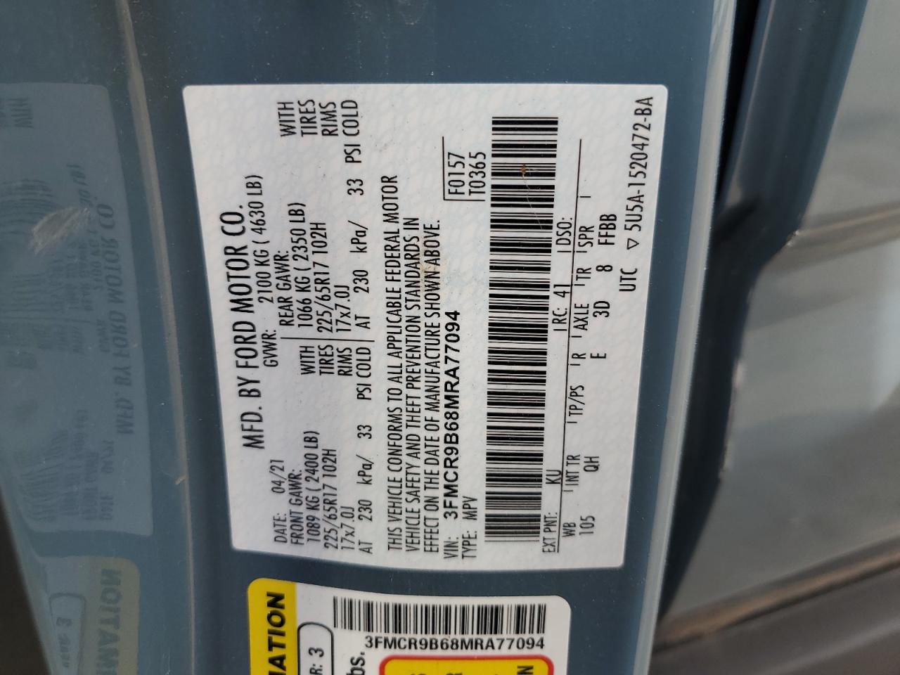 2021 Ford Bronco Sport Big Bend VIN: 3FMCR9B68MRA77094 Lot: 69943815