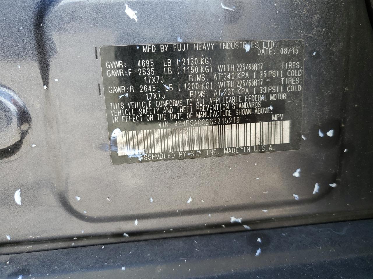 2016 Subaru Outback 2.5I Premium VIN: 4S4BSACC2G3215219 Lot: 70206295