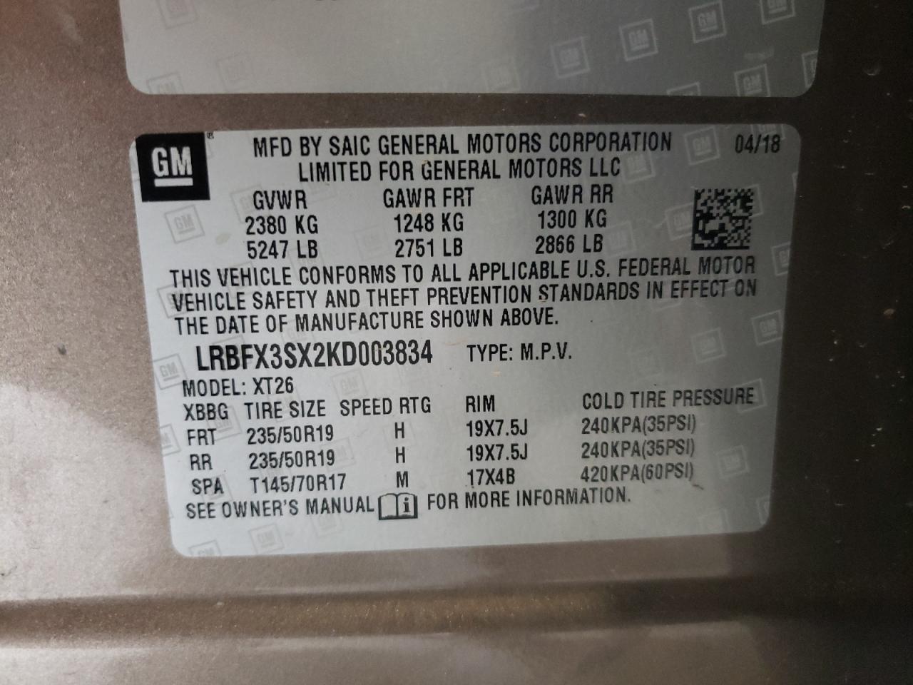 2019 Buick Envision Premium VIN: LRBFX3SX2KD003834 Lot: 67040115