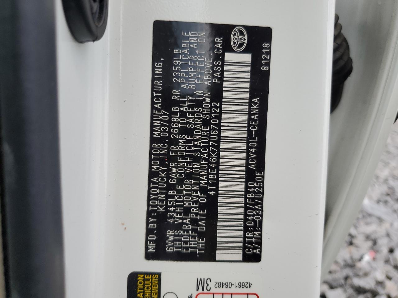 2007 Toyota Camry Ce VIN: 4T1BE46K77U670122 Lot: 70166935