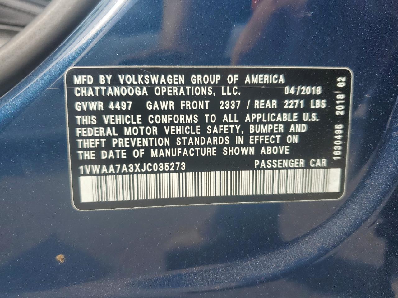 2018 Volkswagen Passat S VIN: 1VWAA7A3XJC035273 Lot: 68724165