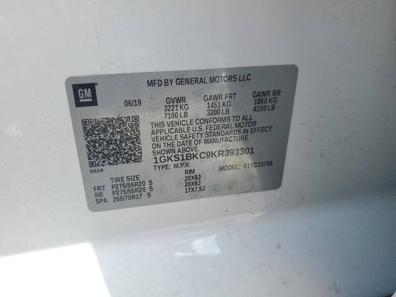 2019 GMC Yukon Slt VIN: 1GKS1BKC9KR393301 Lot: 68079025