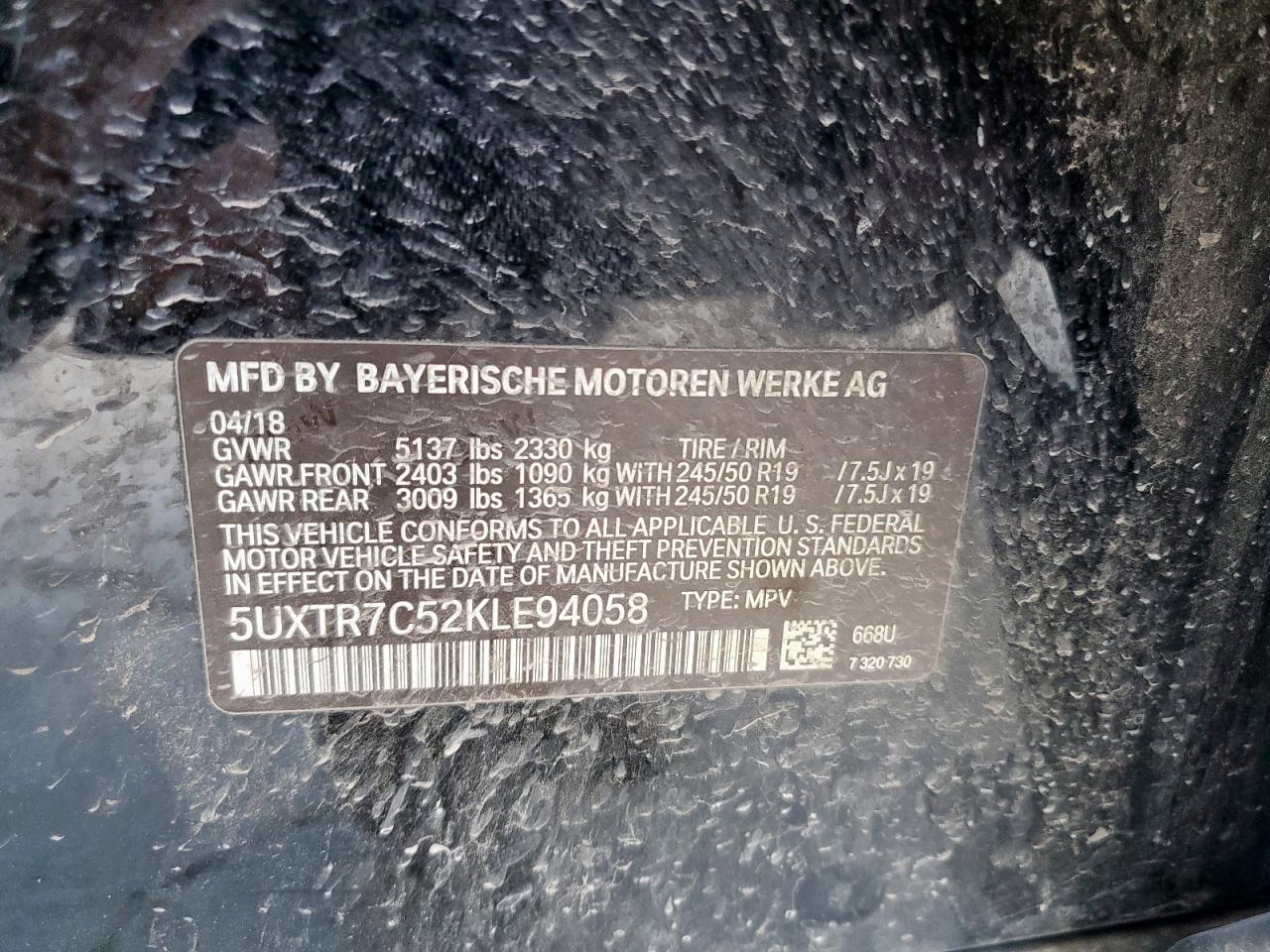 2019 BMW X3 Sdrive30I VIN: 5UXTR7C52KLE94058 Lot: 70742795