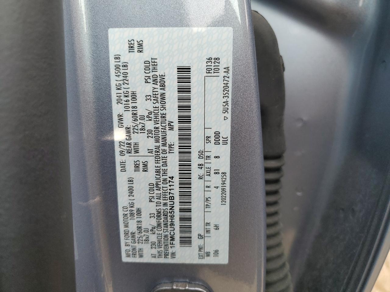 2022 Ford Escape Sel VIN: 1FMCU9H65NUB71174 Lot: 69052095