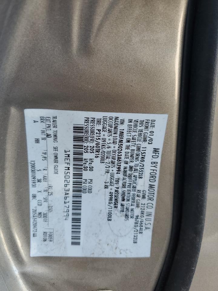 2003 Mercury Sable Gs VIN: 1MEFM50263A617994 Lot: 87126215