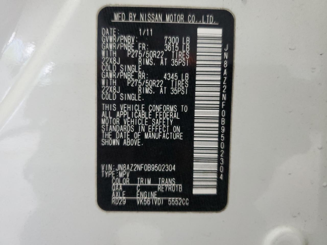 2011 Infiniti Qx56 VIN: JN8AZ2NF0B9502304 Lot: 67688435