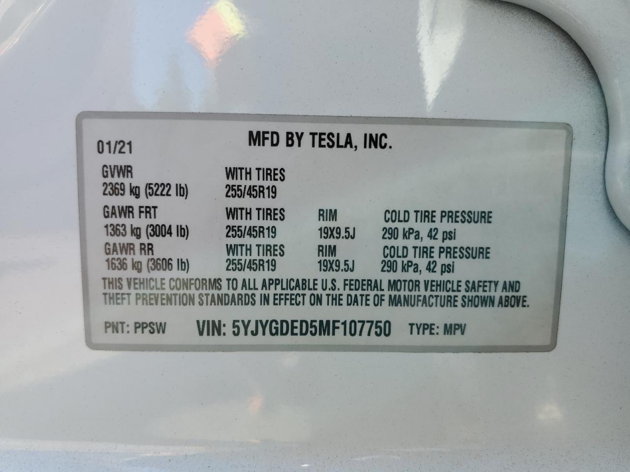 2021 Tesla Model Y VIN: 5YJYGDED5MF107750 Lot: 67389625