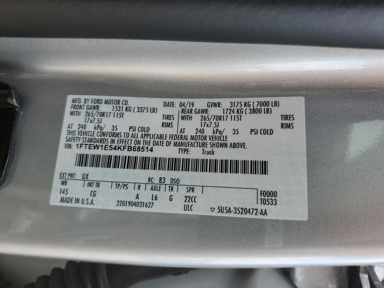 2019 Ford F150 Supercrew VIN: 1FTEW1E54KFB68514 Lot: 69731495