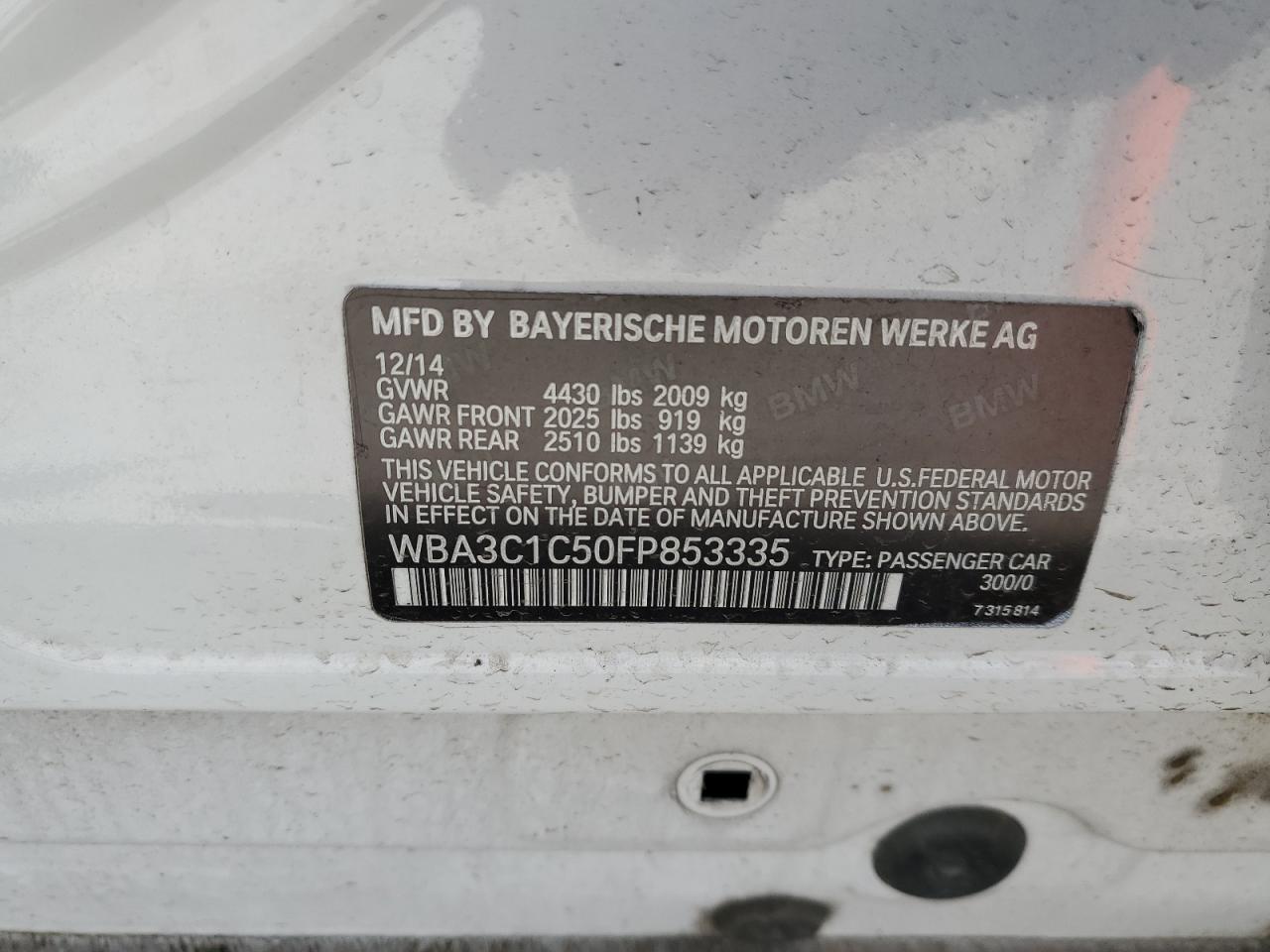 2015 BMW 328 I Sulev VIN: WBA3C1C50FP853335 Lot: 68138765