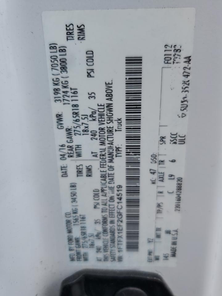 2016 Ford F150 Super Cab VIN: 1FTFX1EF2GFC14519 Lot: 68004715