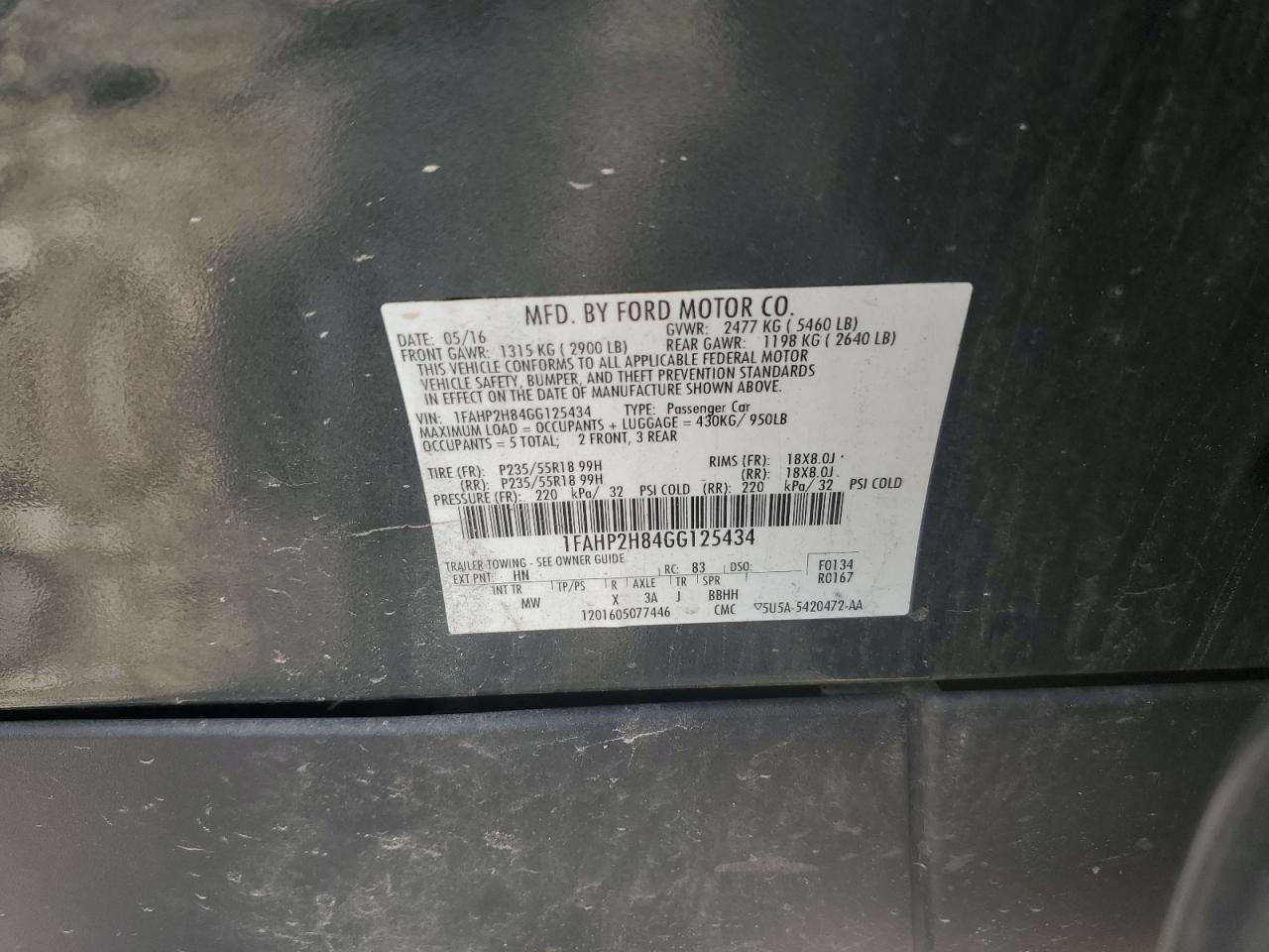 2016 Ford Taurus Sel VIN: 1FAHP2H84GG125434 Lot: 65781085