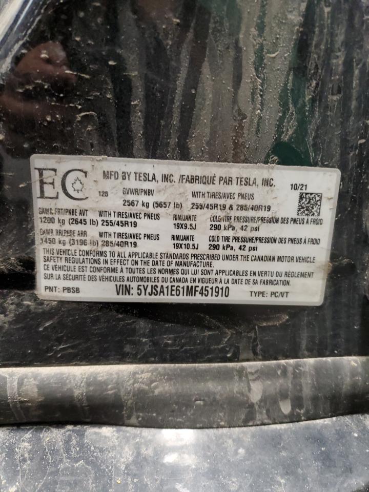 2021 Tesla Model S VIN: 5YJSA1E61MF451910 Lot: 60244065