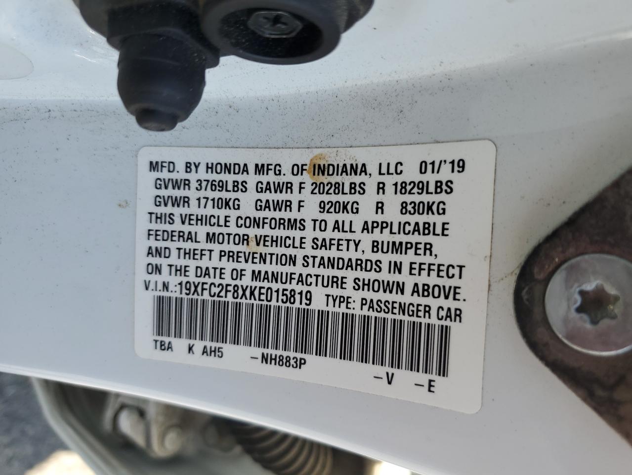 2019 Honda Civic Sport VIN: 19XFC2F8XKE015819 Lot: 68704235