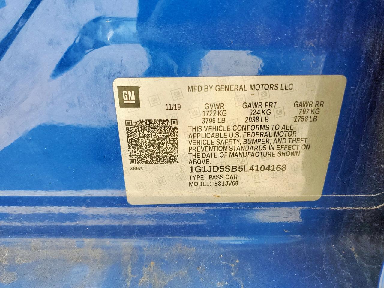 2020 Chevrolet Sonic Lt VIN: 1G1JD5SB5L4104168 Lot: 68881875