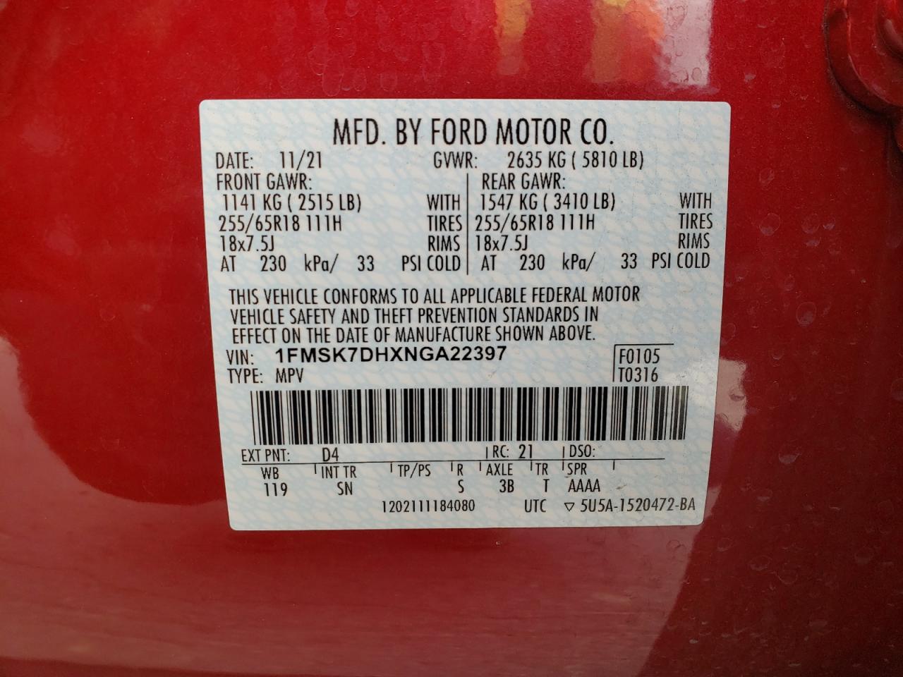 2022 Ford Explorer Xlt VIN: 1FMSK7DHXNGA22397 Lot: 69938795