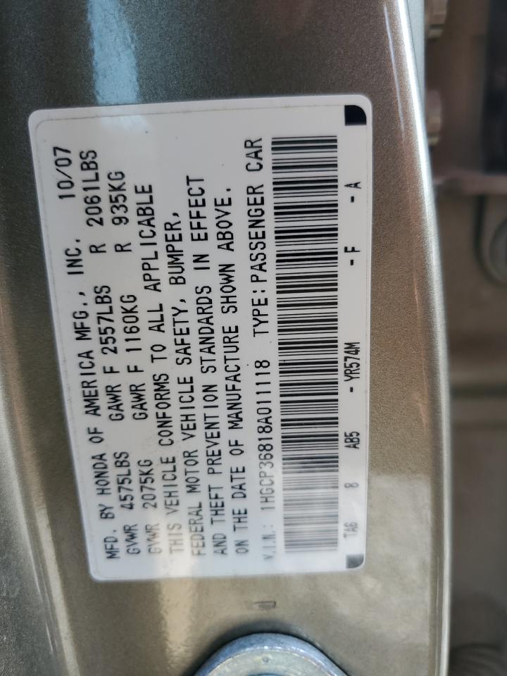 2008 Honda Accord Exl VIN: 1HGCP36818A011118 Lot: 68996595