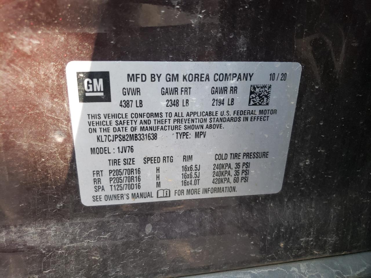 2021 Chevrolet Trax 1Lt VIN: KL7CJPSB2MB331638 Lot: 69816885