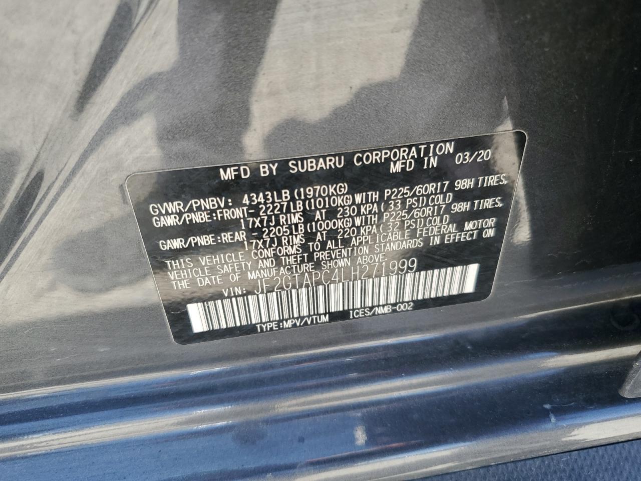 2020 Subaru Crosstrek Premium VIN: JF2GTAPC4LH271999 Lot: 67282895