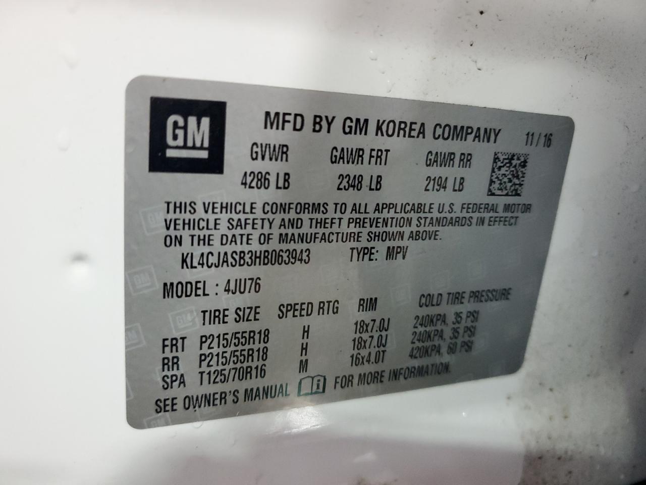 2017 Buick Encore Preferred VIN: KL4CJASB3HB063943 Lot: 69578125