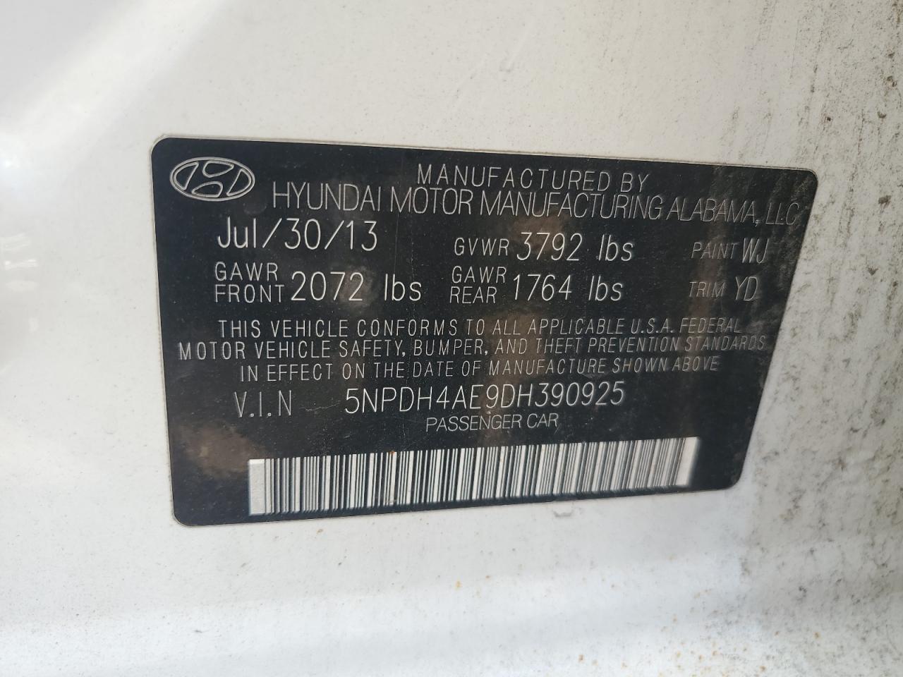 2013 Hyundai Elantra Gls VIN: 5NPDH4AE9DH390925 Lot: 70119645