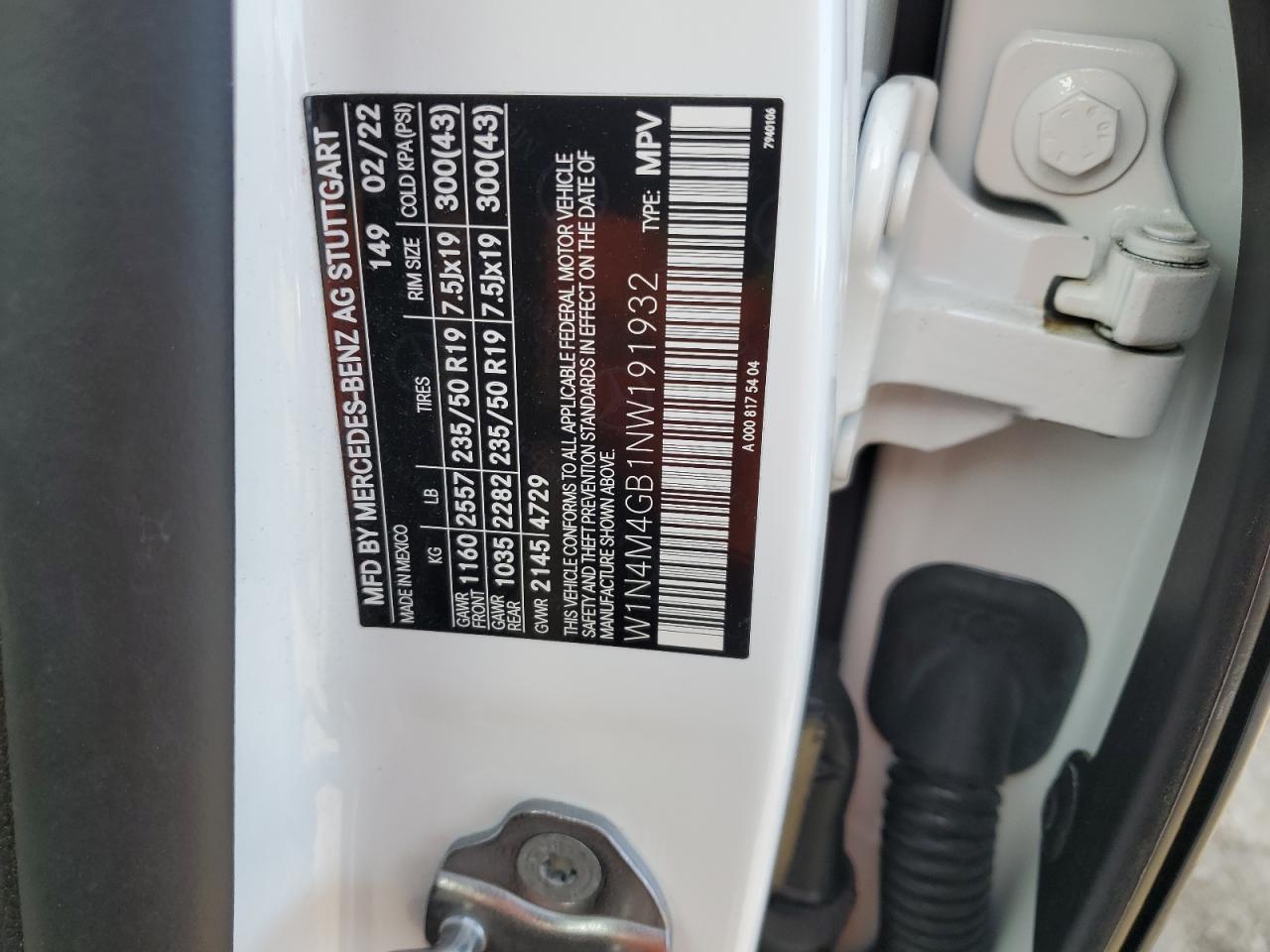 2022 Mercedes-Benz Glb 250 VIN: W1N4M4GB1NW191932 Lot: 70307105