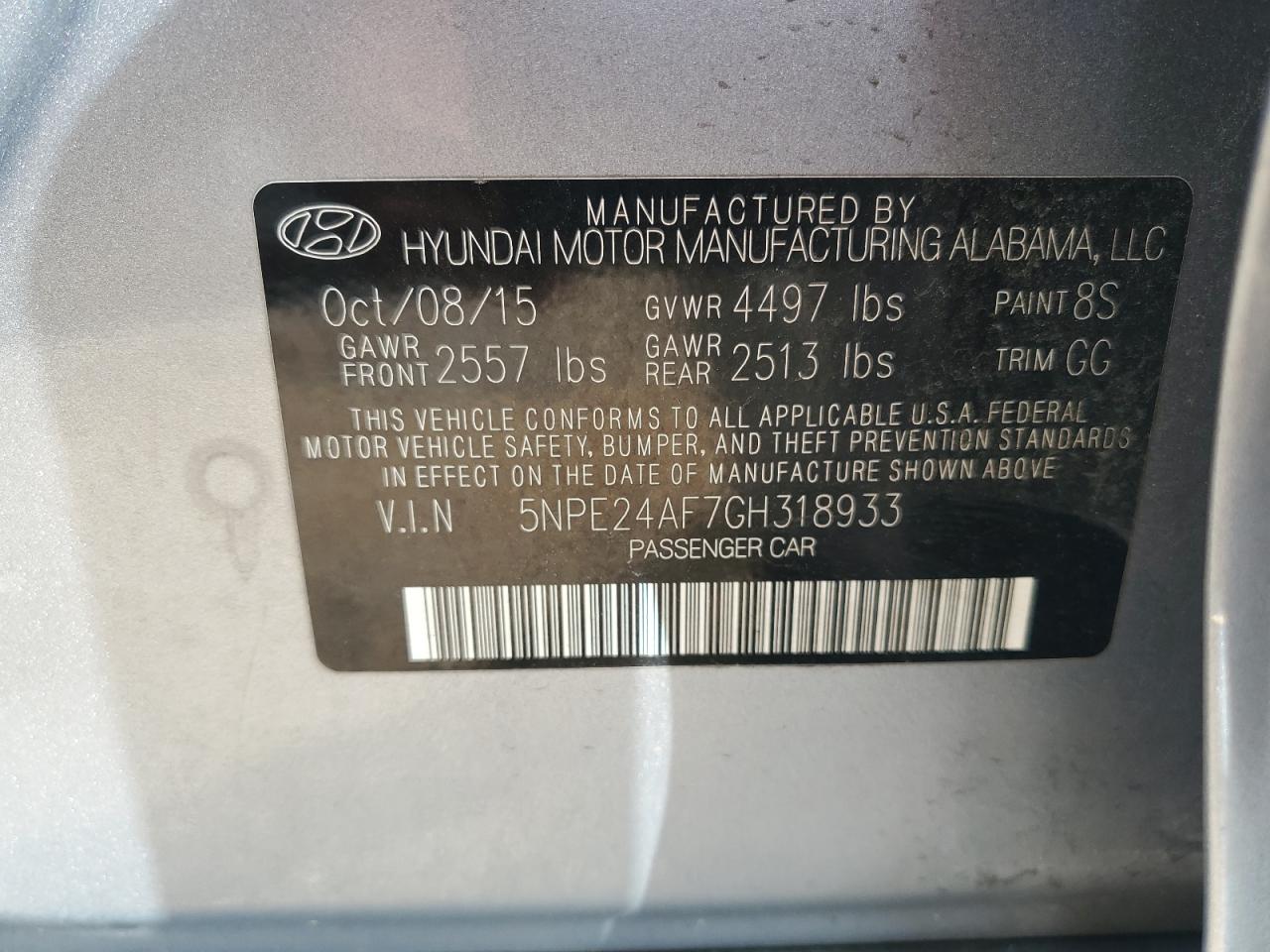 2016 Hyundai Sonata Se VIN: 5NPE24AF7GH318933 Lot: 69662255