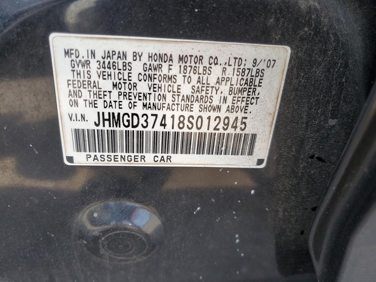 2008 Honda Fit VIN: JHMGD37418S012945 Lot: 69379805