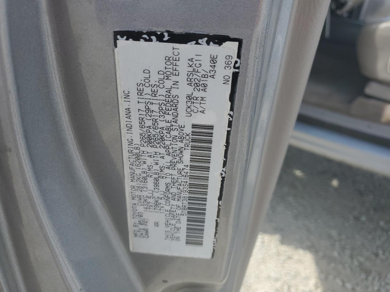 2003 Toyota Tundra Access Cab Limited VIN: 5TBRT38193S416474 Lot: 69519355