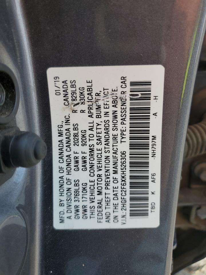 2019 Honda Civic Lx VIN: 2HGFC2F6XKH526306 Lot: 70681045